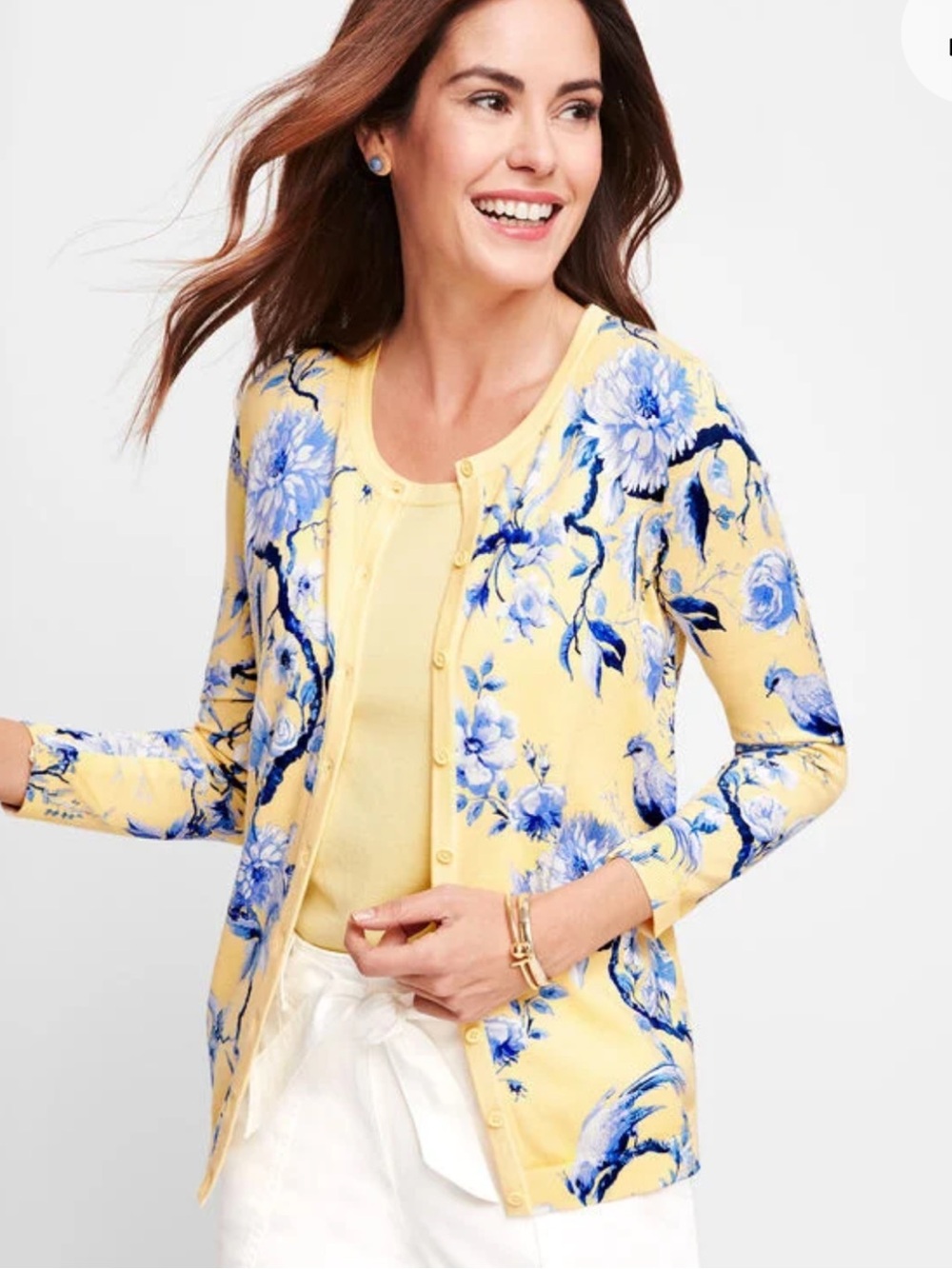 Talbots 3X Yellow and Blue Floral bird toile print charming Cardigan sweater